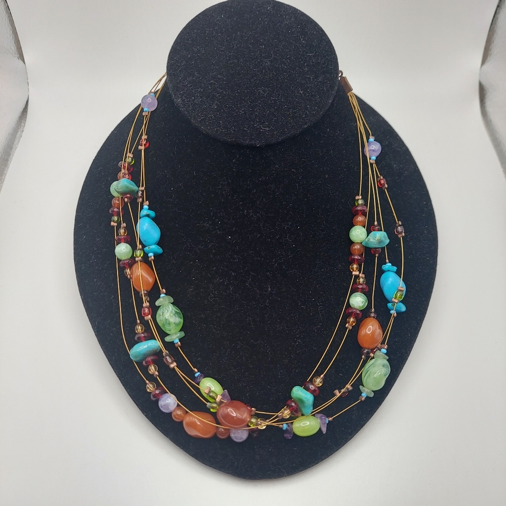 Multicolor Bead Natural & Faux Stone Necklace 8", GC.